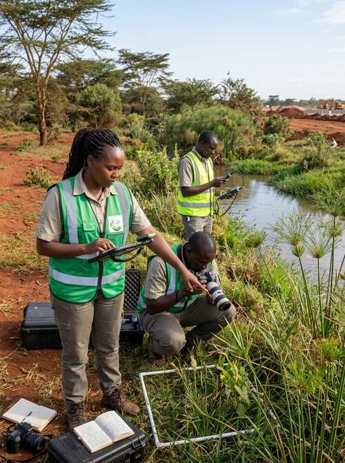 Biodiversity survey along a riverside by G&B Environmental Consultancy during an environmental assessment in Kenya