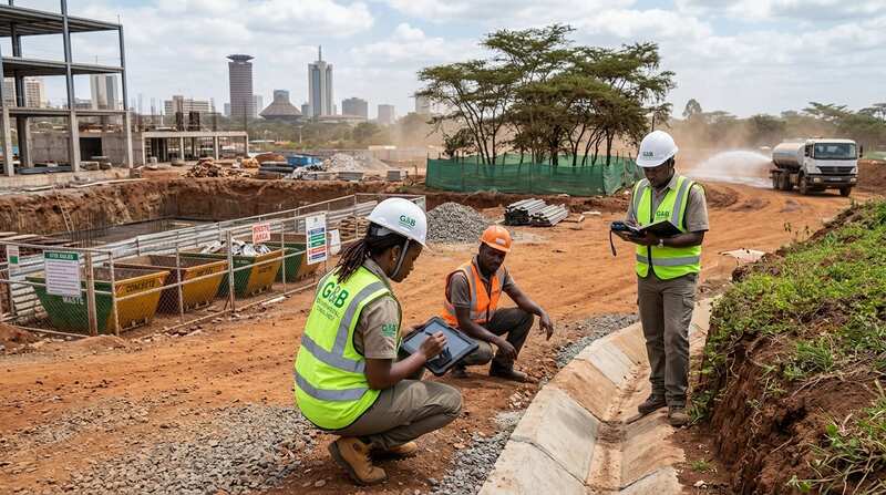 Construction waste management inspection by G&B Environmental Consultancy during an environmental impact assessment in Kenya
