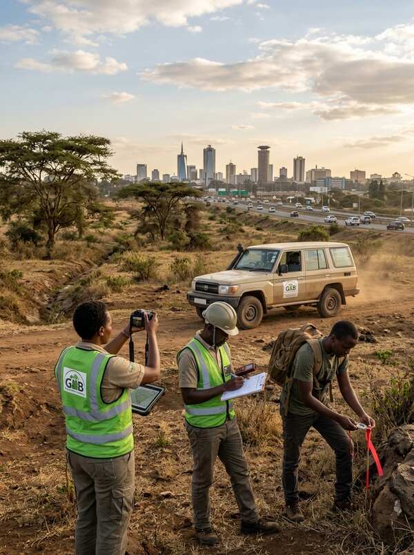 G&B environmental consultants conducting field survey work with the Nairobi skyline in the background, Kenya