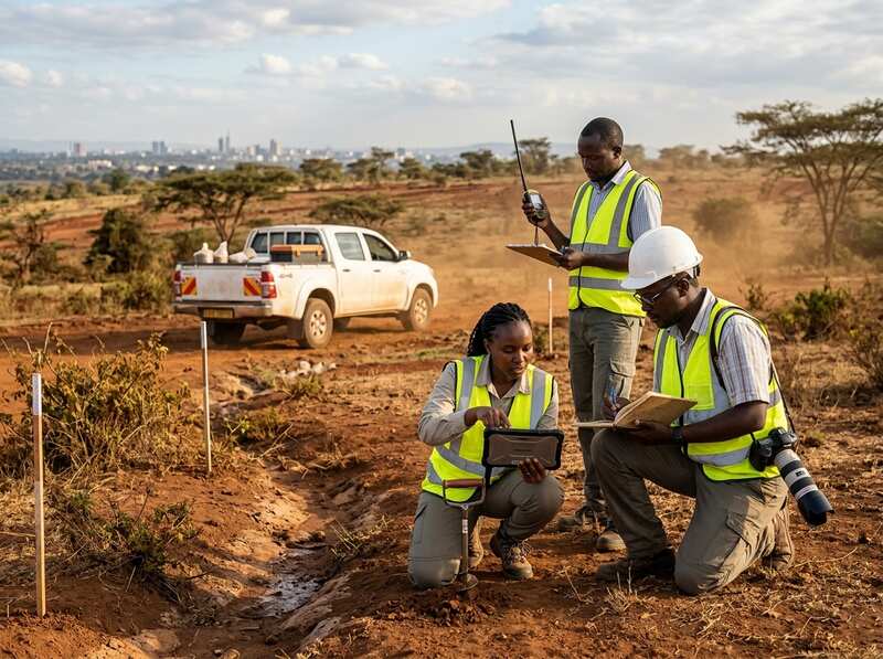 G&B environmental consultants performing land survey fieldwork for an environmental impact assessment in Kenya