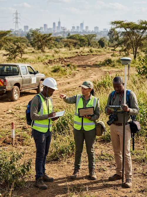 G&B Environmental Consultancy land survey team discussing findings during fieldwork for an environmental assessment in Kenya