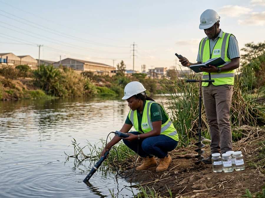 G&B environmental team collecting river water samples for quality analysis during an environmental assessment in Kenya