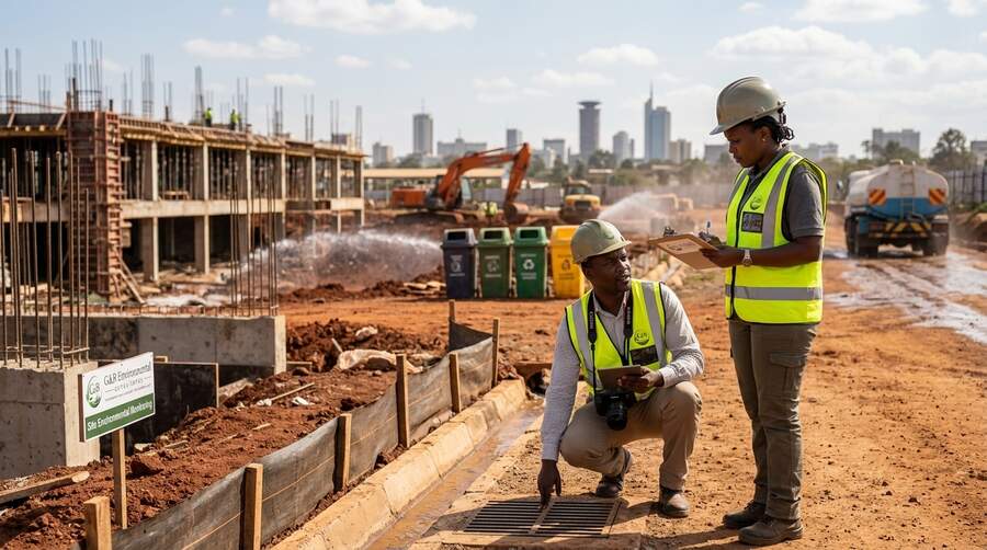 Drainage inspection and site environmental monitoring by G&B Environmental Consultancy during an environmental audit in Kenya