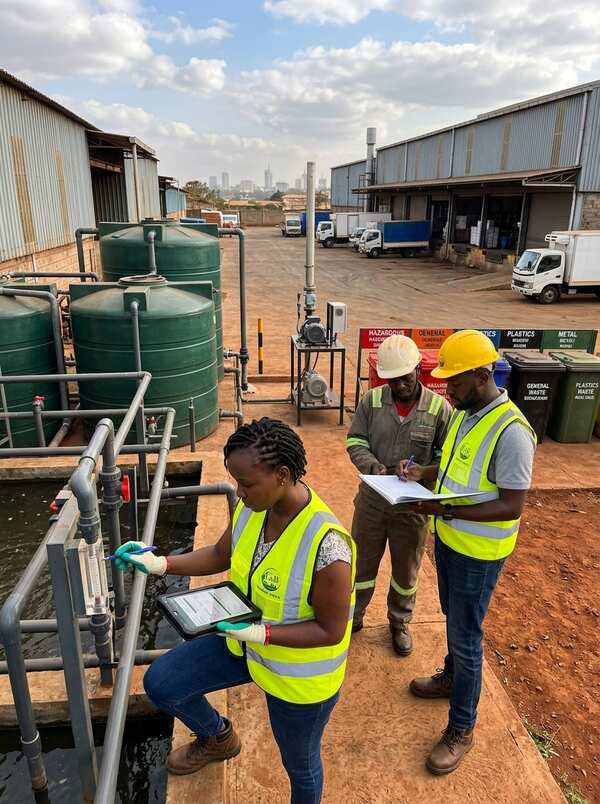 G&B environmental consultants inspecting a wastewater treatment facility during an environmental audit in Kenya